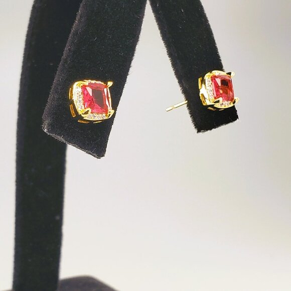 14K Gold Mens Square 2ct Red Ruby Gemstone 1ct Diamond Stud Earrings Jewelry NEW - Picture 6 of 7